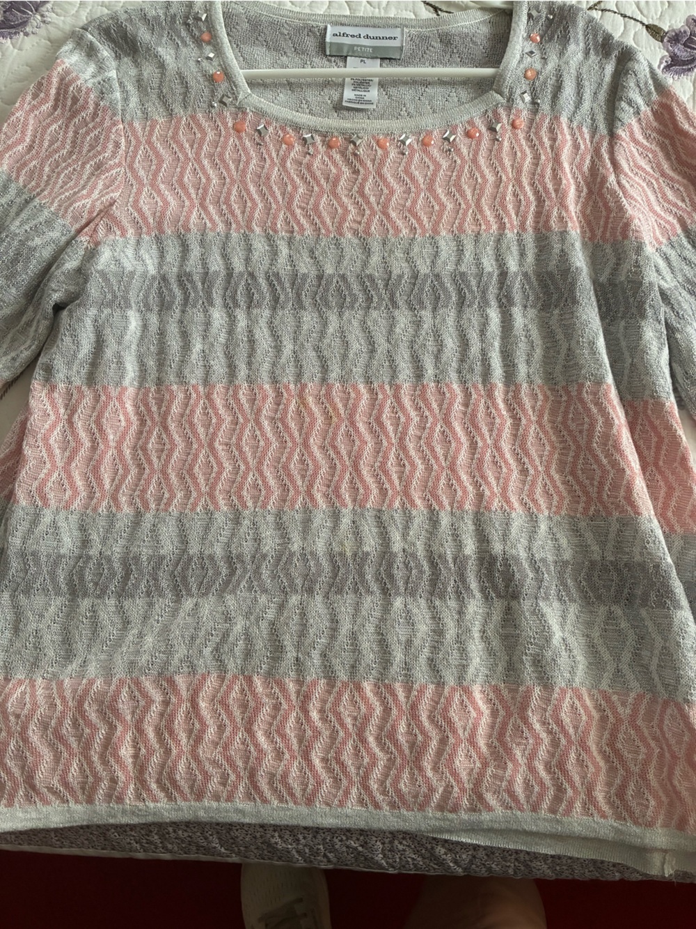 Alfred Dunner Pink and Gray Striped Scoop Neck Sweater
